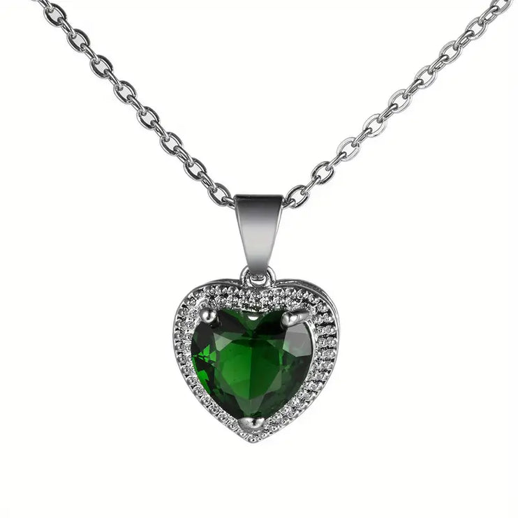 Heart Pendant Necklace (Emerald Green & Red Rose)